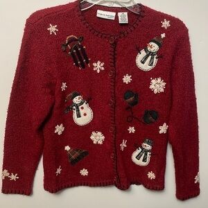 CROFT and Barrow Petite, Size PS, Red Snowman Sweater, With Mittens and Sleigh